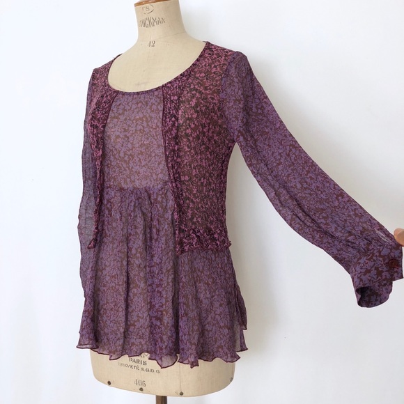 CAbi purple sheer blouse summer SZ:S flare floral - Picture 2 of 5